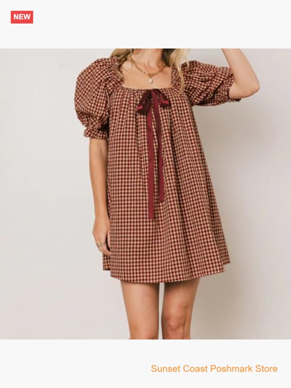 Gingham Babydoll Mini Dress Puff Sleeve Square Neck Bow Tie A-Line Plaid - Picture 4 of 6